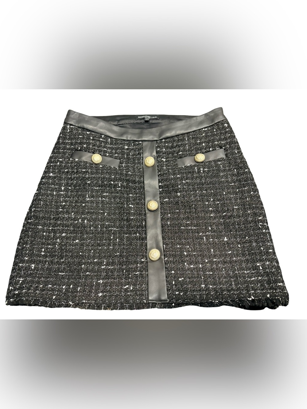 Generation Love Kendra Tweed Faux Leather Mini Skirt Black White Gold Button 6